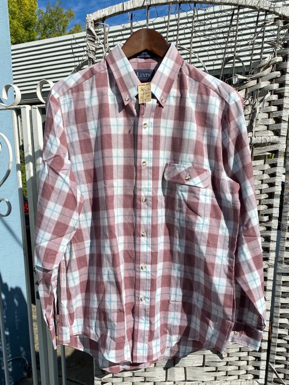 1980s NWT Levi's Long Sleeve Shirt Pink Mauve Green Plaid Deadstock Vintage LRG